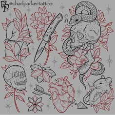 an image of tattoos with flowers and skulls on them, including a snake holding a knife