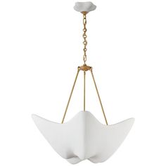 a white hanging light fixture with gold chains