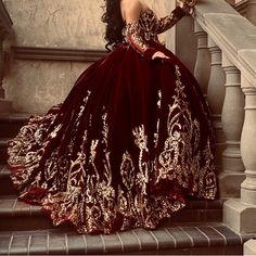 Velvet Dress Size Small This Included Crown And Bouquet Of Roses Quinceanera Dresses Wine Red, Maroon Quinceanera Dresses, Burgundy Quince Dresses, Red And Gold Gown, Gold Ballgown, Quinceañera Ideas, Different Wedding Dresses, Purple Wedding Dress, My Wedding Dress