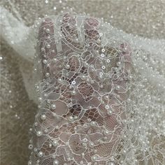 Lace Bottom Studded Sequin Lace Fabric - Wnkrs Wedding Dress French, Wedding Presentation, French Chantilly Lace, Bead Lace, Pearl Embroidery, Beaded Lace Fabric, Beads Embroidery, Bridal Wedding Dress, Pearl And Lace