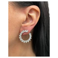 Crescent motif diamond hoop earrings featuring 34 Cushion cuts weighing 6.68 carats, in 18 karat white gold. Average 0.20 Carats Color G-H Clarity VS1-VS2 Cushion Cut Diamonds, Diamond Hoop Earrings, Cushion Cut, Crescent, Jewelry Earrings Hoops, Designer Earrings, Hoop Earrings, White Gold, Jewelry Earrings