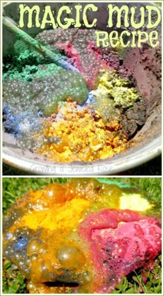 there are two pictures of different colored muds in a bowl with the words, magic mud recipe