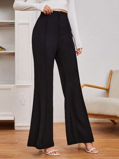 SHEIN Privé Solid Zipper Fly Flare Leg Pants | SHEIN USA Women Bottoms, Pantsuits For Women, Flare Leg Pants, Viscose Rayon, Women's Casual Style, Fitted Trousers, Trendy Fashion Women, Black Outfit, Womens Fashion Casual