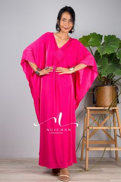 "New ! Hot Pink Maxi Dress, Petite kaftan, Evening Dress for small, Maternity dress, pre wedding dress, loose fit dress, fuchsia dress, summer caftan dress Petite to Small version : up to US 12 - UK 14 - EU 40 * Chest : up to 42\" * Waist : free up to 42\" * Hips : free up to 42\" * Length : 50.5\" from shoulder to hem MATERIAL  * ITY Polyester * No lining  Elegant Collection --> Produced by NUICHAN & Co   MODEL :  * Model chest : 32\", waist : 24\" hips : 35\"  * Combined Height is 5\"6 > I'm 5 Elegant Pink V-neck Kaftan, Long Pink Kaftan For Party, Pink Long Kaftan For Party, Elegant Pink Kaftan For Beach Cover-up, Pink Maxi Dress With Kimono Sleeves For Summer, Pink Maxi Dress With Kimono Sleeves For Vacation, Summer Pink Maxi Dress With Kimono Sleeves, Pink Flowy Maxi Dress With Kimono Sleeves, Elegant Pink Dress For Beach Cover-up