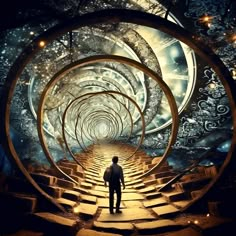 a man is standing in front of a spirally tunnel with stairs leading up to it