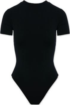 a women's black bodysuit with short sleeves