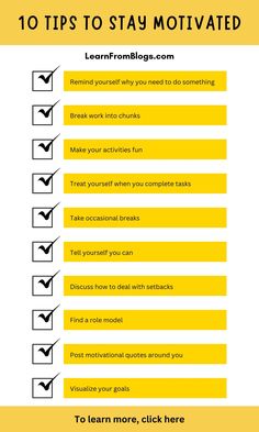 a yellow checklist with the words 10 tips to stay motivitated