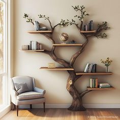 a tree shaped shelf with books on it next to a chair in a living room