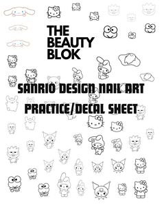 SAN RIO design nail art  sheet! These are great for adding a design to your nails without having to draw. The designs are lined designs(no color) so that you can color them in to the color you want yourself! It includes over 30 decals and the designs are in different sizes to accommodate different nail sizes! THIS LISTING IS FOR IS PHYSICAL COPY! You can purchase a digital file in my shop as well. These can be used for waterslide nail decals or nail art practice.  The nail art practice sheet com Cricut Nail Art Vinyl Decals Free Printable, Nail Decals Designs Printable, Nail Art Stencils Printable, Nail Art Practice Template, Printable Nail Art Templates, Nail Stencils Templates, Nail Art Practice Sheet, Printable Nail Art Practice Sheet, Printable Nail Art