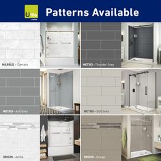 the different types of bathroom tiles are shown in various colors and sizes, including gray