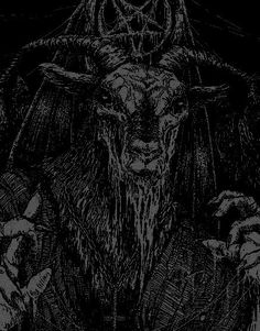 a black and white drawing of a demon with horns on it's head, holding two hands in front of his face