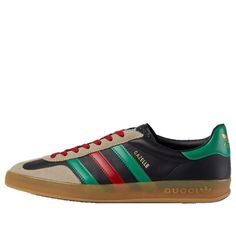 Adidas x Gucci Gazelle 'Black Green Red' 726487-AAA43-9549 Gucci Sneakers With Rubber Sole For Sports, Gucci Sports Sneakers With Rubber Sole, Sporty Black Gucci Sneakers, Gucci Black Sporty Sneakers, Gucci Black Sneakers With Contrast Sole, Gucci Sporty Sneakers With Red Sole, Red Sporty Gucci Sneakers, Gucci Red Sporty Sneakers, Adidas X Gucci