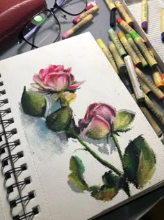 a drawing of two roses with colored pencils next to it