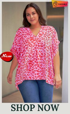 Rose Leopard Print V Neck Half Sleeve Plus Size Blouse Chiffon Blouse Outfit, Leopard Satin Dress, Chiffon Blouses, Leopard Print Pattern, Plus Size Blouse, Spaghetti Strap Maxi Dress, Corsets And Bustiers, Chambray Dress, Sweater Dress Midi