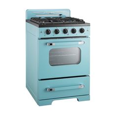 a blue stove with two burners and one oven door is shown in front of a white background