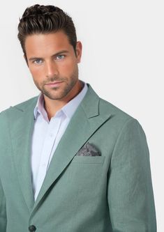 Be the center of attention in this fashionable Hudson Jade Green Linen Jacket. Made with 100% linen, it's perfect for those warm, breezy summer days while making a bold statement. Unique and stylish, this custom jacket is sure to turn heads! Tailored Green Sport Coat For Spring, Casual Lapel Collar Sport Coat For Summer, Casual Sport Coat With Lapel Collar For Summer, Casual Summer Sport Coat With Lapel Collar, Casual Sport Coat With Pockets For Summer, Modern Linen Blazer, Casual Notch Lapel Summer Blazer, Spring Linen Sport Coat With Notch Lapel, Casual Summer Blazer With Notch Lapel