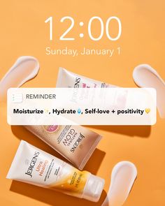 two tubes of sunscreen on top of an orange background with the text, remeder, hydrate, and self love + positivity