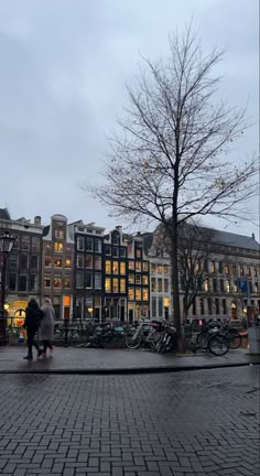 two people walking down the street in front of some buildings and trees with no leaves on them