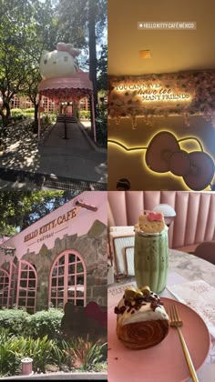 a collage of photos with hello kitty cafe in the middle and desserts at the bottom