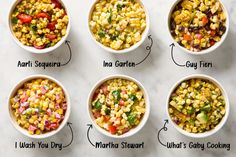 six bowls filled with different types of food on top of a white countertop next to each other