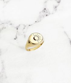 18K 14K Sun and Moon Signet ring, Engraved Round Signet Ring, Solid Gold Signet ring, Gold Pinky ring, 9K Gold chevalier ring, Women's Signet, Women's Pinky ring, 9K signet ring, Custom personalized signet chevalier ring, FREE EXPRESS SHIPPING Trendy yet classic chevalier ring with round head engraved with a lovely sun and moon design. Rings are made in 18K, 14K or 9K solid gold. Whisper... Live by the Sun, Love by the moon! ------------------------------------------- R I N G S P E C S Round/cir 14k Gold Celestial Oval Rings, Stamped 14k Gold-filled Jewelry, Yellow Gold Celestial Jewelry In 14k Gold Filled, Personalized 14k Gold Jewelry, Celestial Round Signet Promise Ring, Celestial Style Round Signet Promise Ring, Celestial Style Signet Promise Ring, Gold Crescent Ring With Sun And Moon Design, 14k Gold Celestial Jewelry For Anniversary