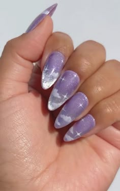 Pretty Almond Nails Purple, Birthday Aesthetic Nails, Purple Iredesant Nails, Elegant Lavender Nails, Purple Sky Nails, Purple Rain Nails, Purple Ethereal Nails, Blue And Purple Nail Ideas