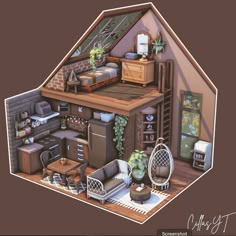 a drawing of a house with furniture and plants on the floor, including a bed