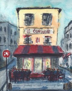 a painting of a restaurant with tables and chairs in front of it on the street