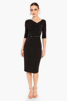 3/4 Sleeve Jackie O Sheath | Black Halo | Leather Belt Fitted Bodycon Dress With 3/4 Sleeve For Work, Formal Fitted Bodycon Dress With 3/4 Sleeve, Formal Bodycon Dress With 3/4 Sleeves, Fitted Half Sleeve Midi Dress For Office, Fitted Midi Dress With 3/4 Sleeve For Office, Office Midi Dress Fitted With 3/4 Sleeve, Fitted 3/4 Length Midi Dress For Office, Fitted Midi Dress With 3/4 Length For Office, Elegant Half-sleeve Midi Dress For Office