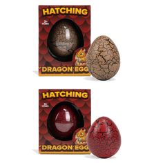 two eggs with cracked and hatched designs in front of each other, one egg has the word hatching on it