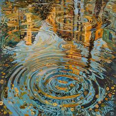 an abstract painting of buildings and trees reflected in water