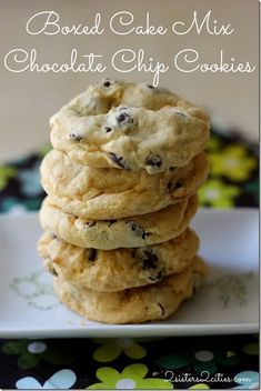 chocolate chip cookies stacked on top of each other in front of the words boned cake mix chocolate chip cookies