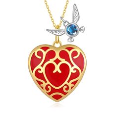 a red heart shaped locke with a silver bee on top and a blue crystal in the middle