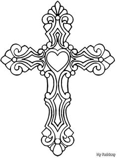 a black and white cross with hearts in the center, on top of it is an ornate