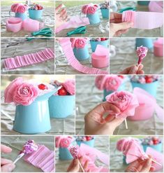 how to make pink flowers out of tissue paper in a blue vase with ribbon and strawberries