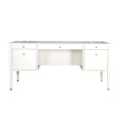 a white desk with two drawers and gold pulls on the bottom drawer, against a white background