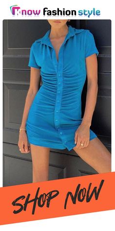 Blue Casual Solid Split Joint Buckle Fold Turndown Collar One Step Skirt Dresses Blue Non-stretch Dress For Night Out, Non-stretch Blue Dress For Night Out, Casual Solid Color Slim Fit Mini Dress, Slim Fit Casual Mini Dress, Casual Slim Fit Mini Dress, Trendy Non-stretch Blue Dress, Blue Non-stretch Mini Dress For Party, Trendy Non-stretch Mini Length Dresses, Chic Blue Slim Fit Mini Dress