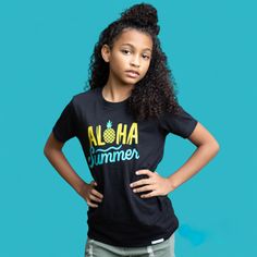 Say "Aloha" to summer fun with our Aloha Summer Kids Short Sleeve T-Shirt! Inspired by the vibrant colors and lively spirit of Hawaii, this t-shirt is perfect for your child's sunny adventures. Made from soft, breathable fabric, it ensures all-day comfort whether they're building sandcastles on the beach or playing in the park. The cheerful Hawaiian design adds a tropical touch to any outfit, making it a must-have for summer. Slim fit with contemporary longer lengthSize up 1-2 sizes for looser fit100% ring-spun cottonUnisex fit100% cottonPlease check our size chart before orderingMachine wash cold. Tumble dry low. Black Graphic Tee For Summer, Summer Black T-shirt With Text Print, Fun Beach T-shirt With Sublimation Print, Black Tops With Front Print For Summer, Black Summer Top With Front Print, Black Short Sleeve Top For Beach Season, Black Summer Tops With Sublimation Print, Fun Black Summer Tops, Black Fun Summer Tops