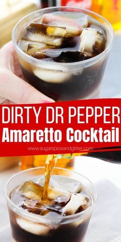 dirty dr pepper amarettoo cocktail is being poured into a plastic cup with ice