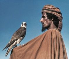 a man with a falcon on his shoulder looking at something in the distance while standing next to him