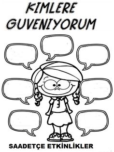 a black and white drawing of a girl with speech bubbles