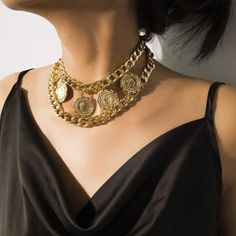 Layered Curb Coin Necklace, Gold Plated Layered Necklace Gold Plated Length: 12.5 Inches 4.5 Inch Extender Gold Color Plated With Protective Sealan Everyday Gold Jewelry, Gold Coin Choker, Gold Coin Jewelry, Everyday Jewelry Gold, Jewelry Reference, Coin Choker, Gold Jewelry Set, Portrait Necklace, Gold Jewelry Gift