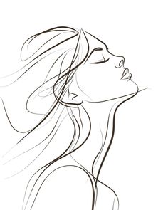 a woman's face with her hair blowing in the wind, black and white drawing