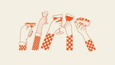 four people holding wine glasses and toasting with their hands in the air, while wearing checkered clothing