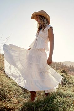 In Full Swing Midi Skirt | Free People Dresses With Cowboy Boots, Cowgirl Dresses, Tiered Midi Skirt, Cowboy Outfits, I'm With The Band, Cowgirl Outfits, Skirt White, White Maxi, Bottom Clothes