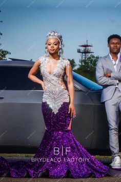 Sparkly Purple Sequin Mermaid Rhinestone Plunging Neck Prom Dress Inspiration Pictures #2024 #prominspiration #promcouple Turquoise And Purple Prom Dress, Purple Prom Dress Couple, Purple Prom Dresses Black Women, Silver Prom Dress Sparkly, Purple Prom Couple, Prom Dresses Purple, Rhinestone Prom Dress, Prom Purple, Neon Lips