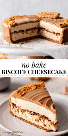 no bake biscoff cheesecake on a plate with one slice cut out