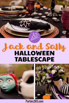 halloween tablescape with jack and sally decorations