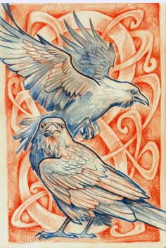 two birds sitting next to each other on top of a piece of paper with an intricate design