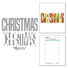 two christmas cards with the words merry written in red, green and grey on them